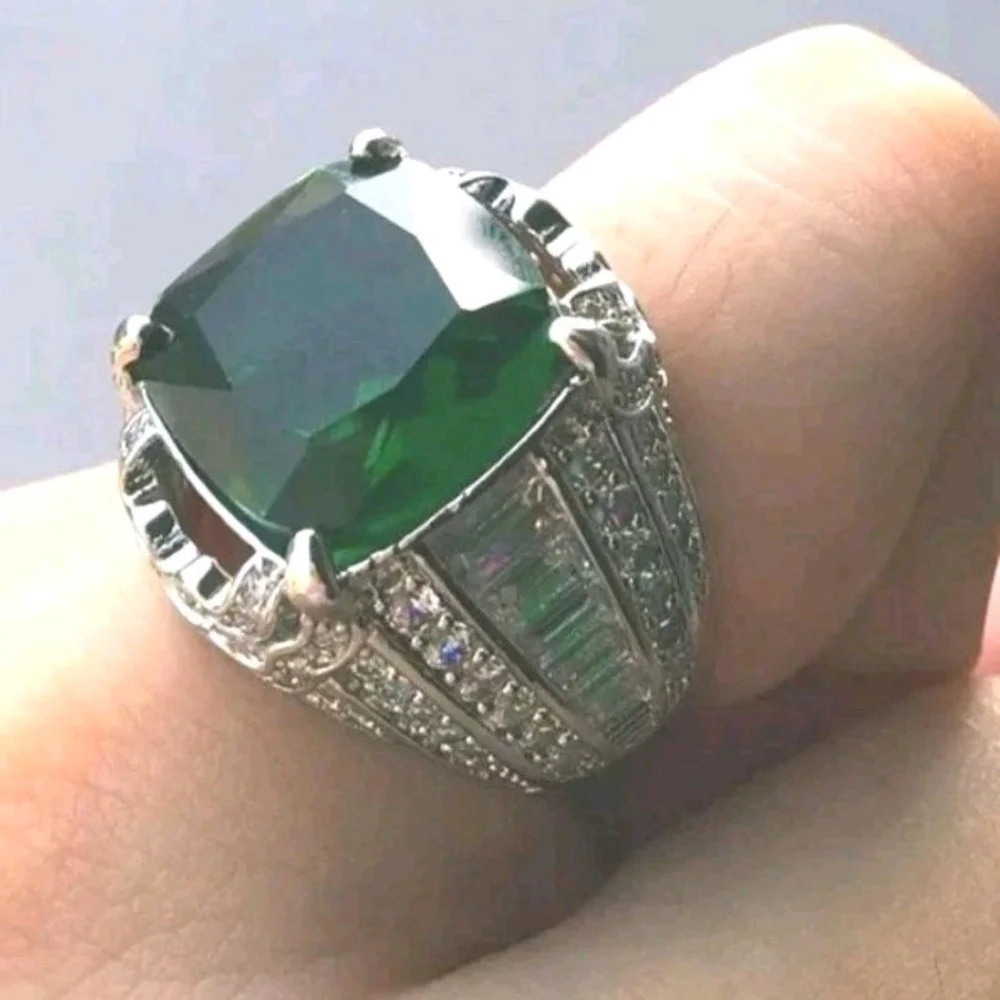 5Ct Cushion Lab Created Emerald Solitaire Engagement Ring 14K White Gold Plated